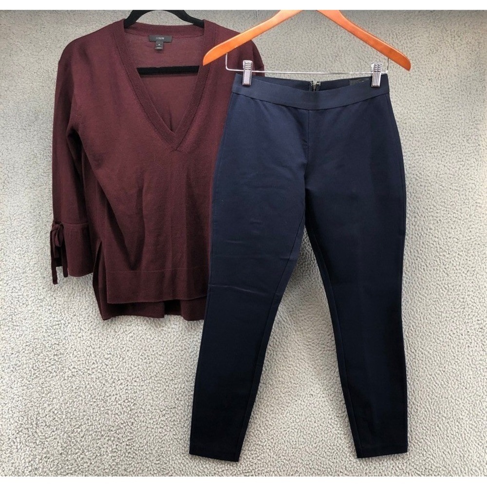 J.Crew Outfit Womens XS 4S Sweater Pants Small Burgundy Navy V-Neck Pixie Set